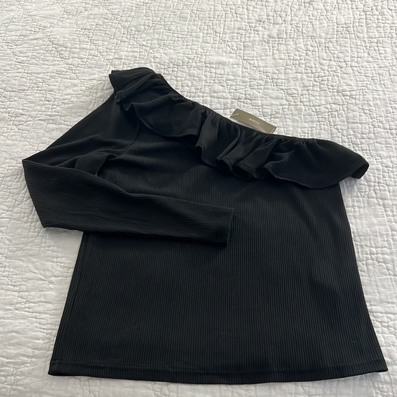 NWT J. Crew One-Shoulder Ruffleneck Top in Vintage Rib - Black - Picture 3 of 5